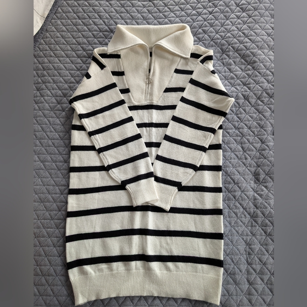 Striped Half-Zip Collar Sweater Dress - Cream and Black